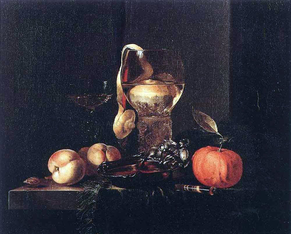 Willem Kalf Still-Life with Silver Bowl, Glasses, and Fruit - Canvas Print