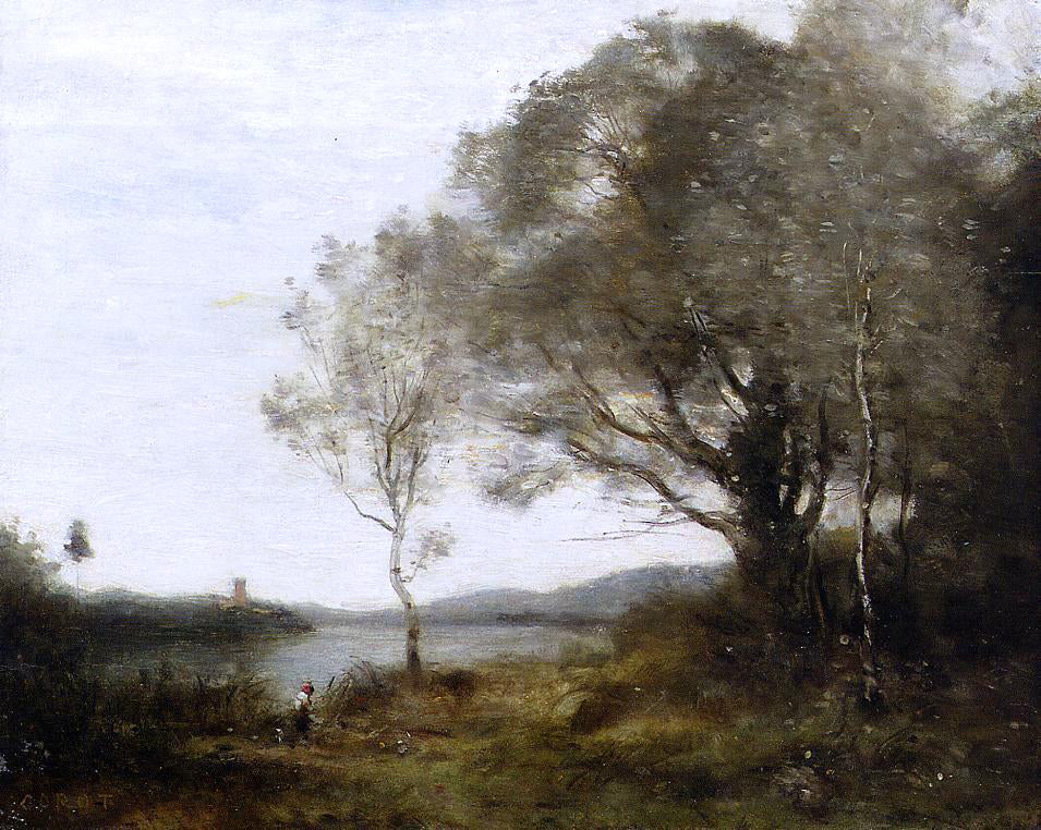 Jean-Baptiste-Camille Corot Strolling Along the Banks of a Pond - Canvas Print