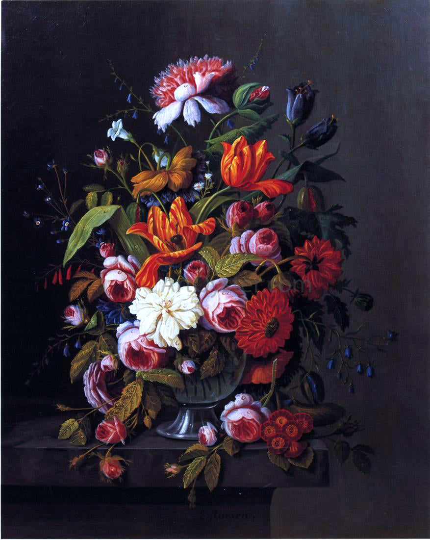 Severin Roesen Summer Flowers in a Glass Bowl - Canvas Print