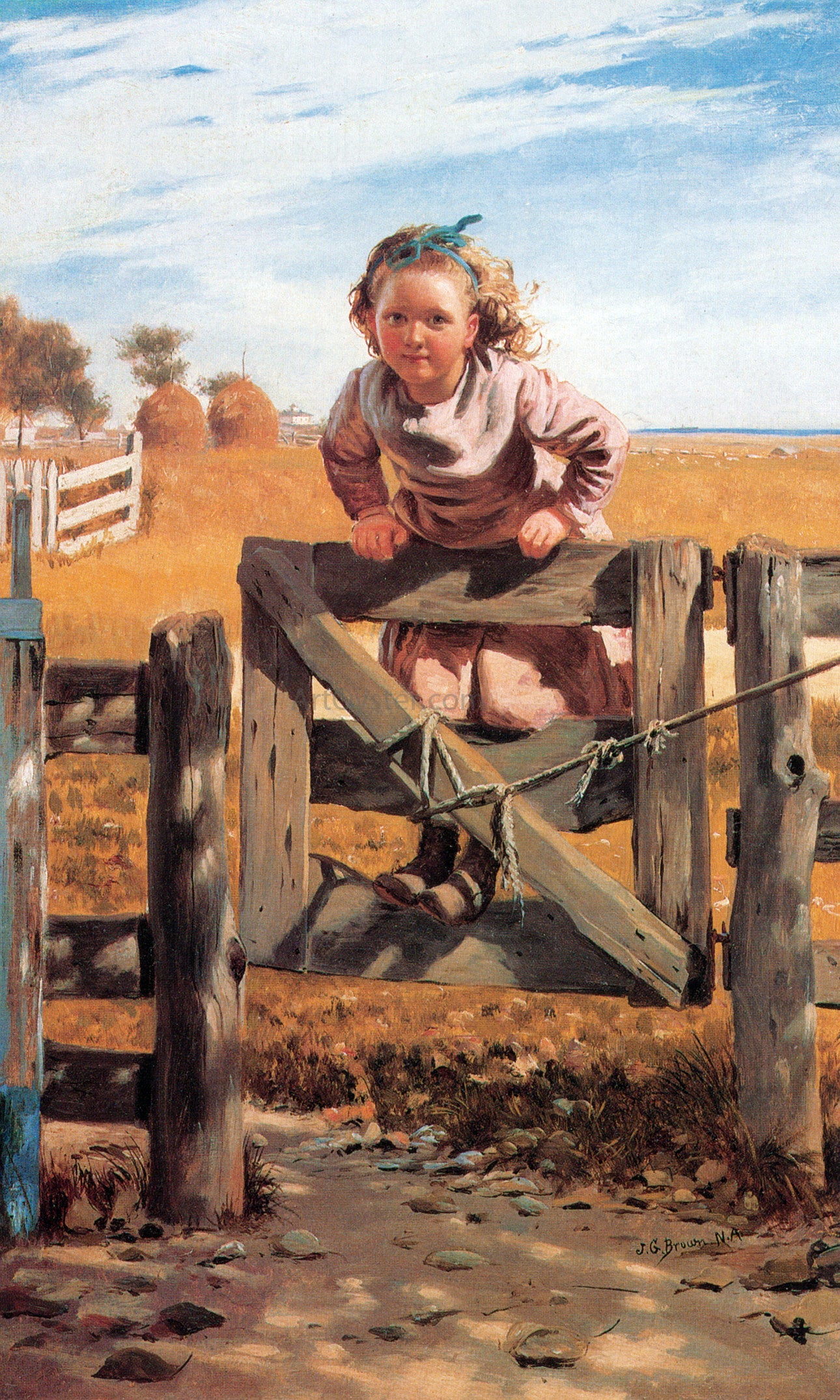 John George Brown Swinging on a Gate, Southampton, Long Island - Canvas Print