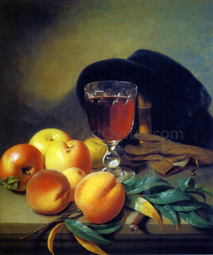 Peter Baumgartner Tabletop with Apples, Peaches, Gloves, Hat and Cigar - Canvas Print