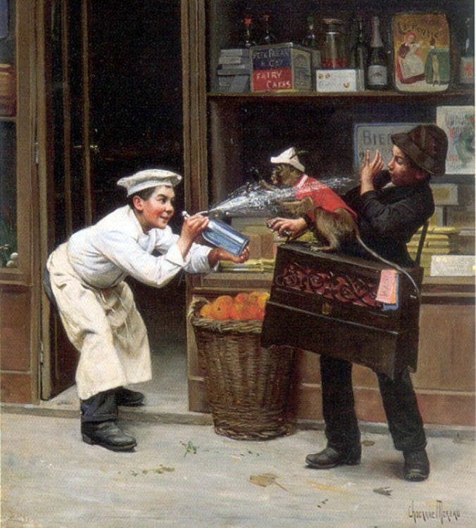 Paul Charles Chocarne-Moreau Teasing the Monkey - Canvas Print