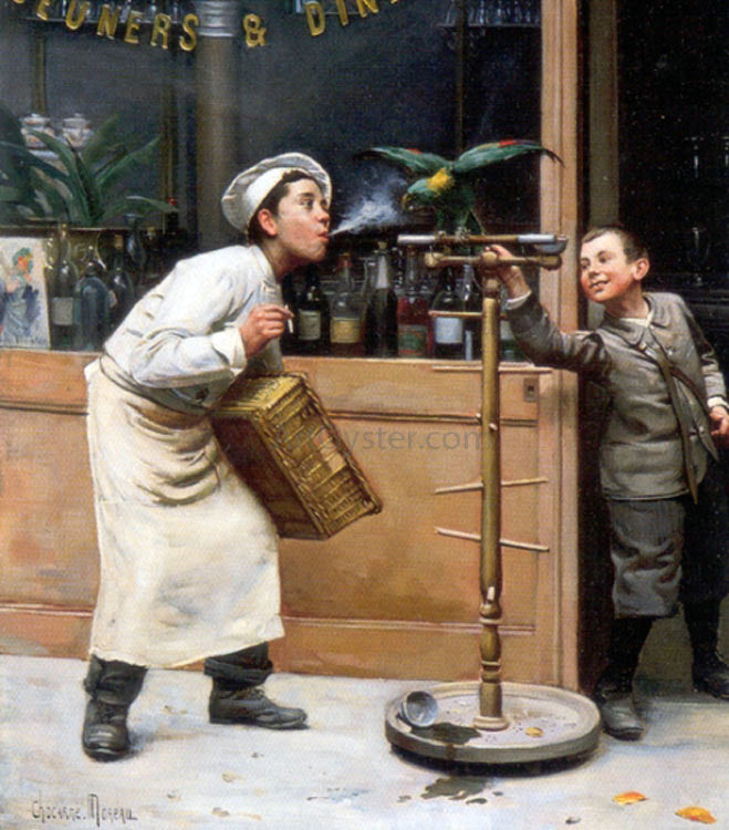 Paul Charles Chocarne-Moreau Teasing the Parrot - Canvas Print