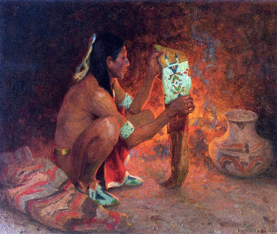 E Irving Couse The Beaded Tobacco Bag - Canvas Print