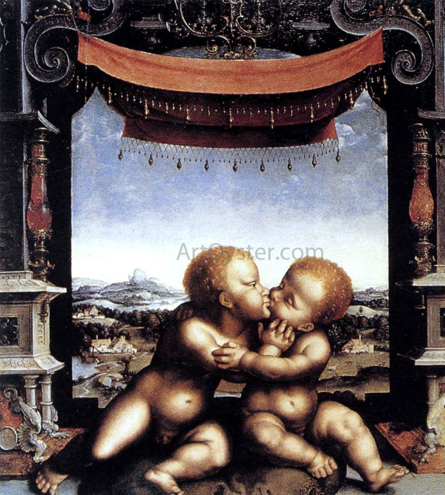 Joos Van Cleve The Infants Christ and Saint John the Baptist Embracing - Canvas Print