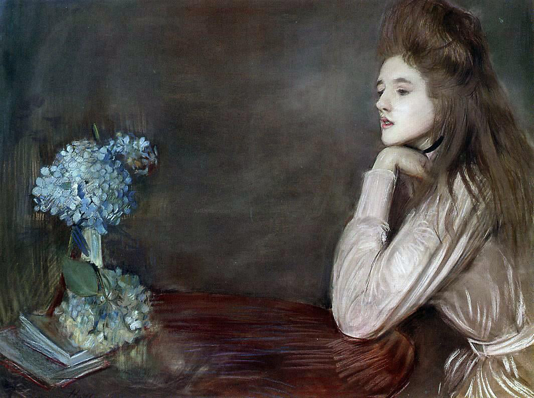 Paul Cesar Helleu The Lioness with Blue Hydrangeas - Canvas Print