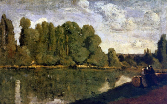Jean-Baptiste-Camille Corot The Rhone - Three Women on the Riverbank Seated on a Tree Trunk - Canvas Print