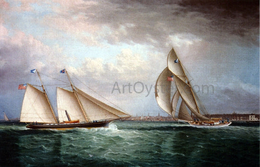 James E Buttersworth The Schooner Triton and The Sloop Christine Racing in Newport Harbor - Canvas Print