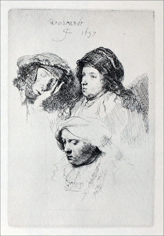Rembrandt Van Rijn Three Heads of Women, One Asleep - Canvas Print