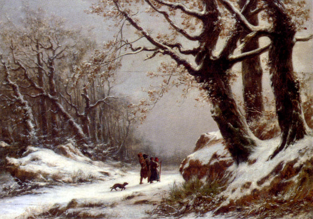 Charles Joseph Lecointe Travellers In Winter Woodland - Canvas Print