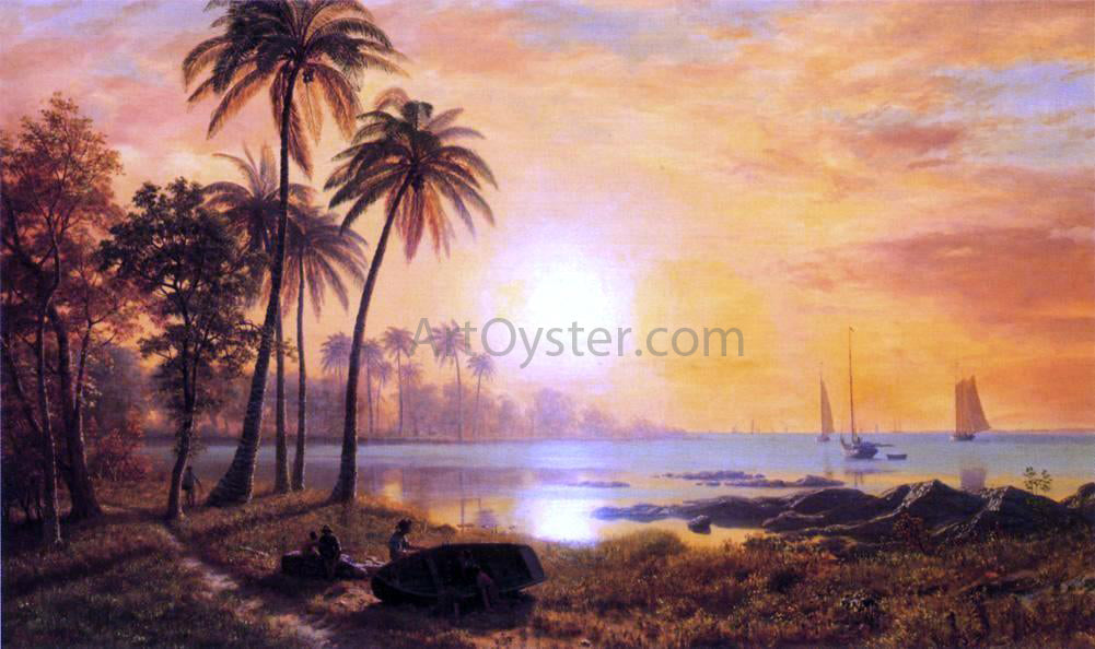 Albert Bierstadt Tropical Landscape with Fishing Boats in Bay - Canvas Print