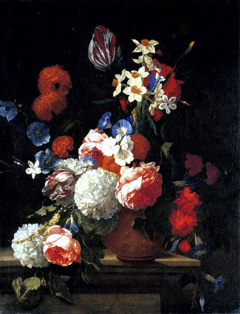 Hieronymus Tulips, Peonies, Morning Glory, Narcissi and other Flowers in a Decorated Vase on a Ledge - Canvas Print