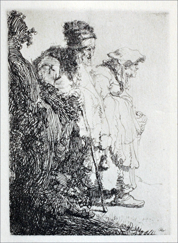 Rembrandt Van Rijn Two Beggars, a Man and a Woman, Coming from Behind a Bank - Canvas Print