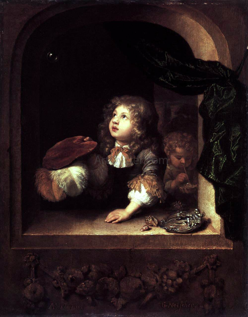Caspar Netscher Two Boys Blowing Bubbles - Canvas Print
