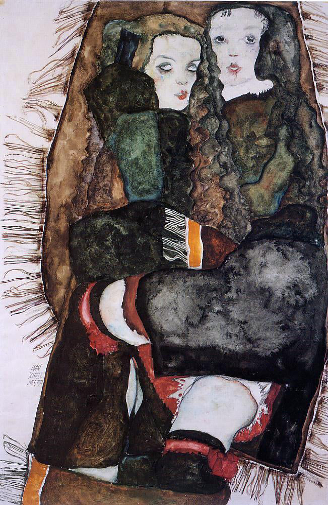 Egon Schiele Two Girls on a Fringed Blanket - Canvas Print