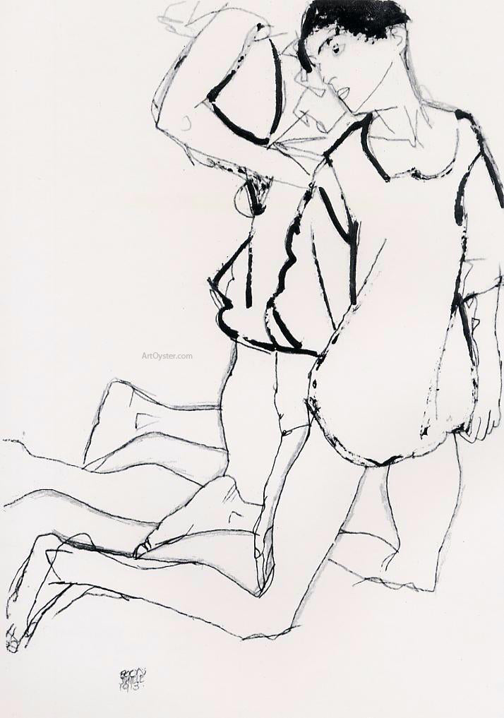 Egon Schiele Two Kneeling Figures (also known as Parallelogram) - Canvas Print