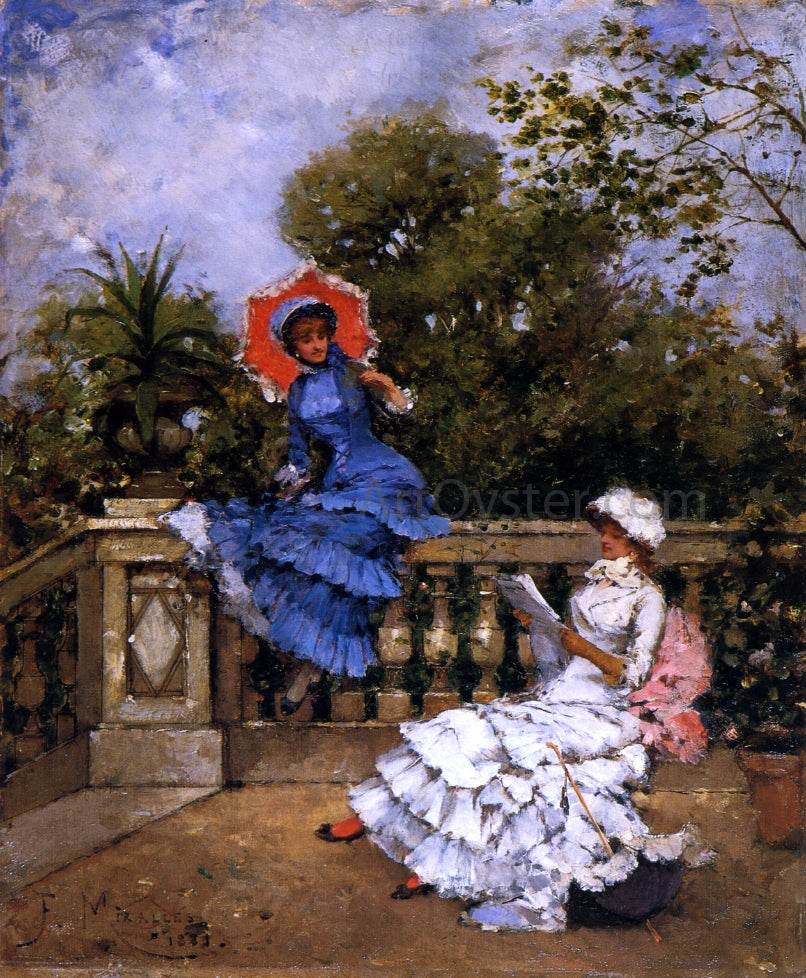Francisco Miralles Y Gallup Two Ladies Conversing on a Terrace - Canvas Print