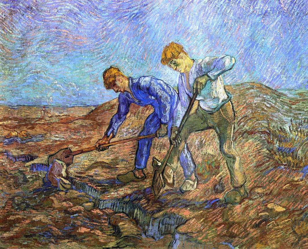 Vincent Van Gogh Two Peasants Diging (after Millet) - Canvas Print
