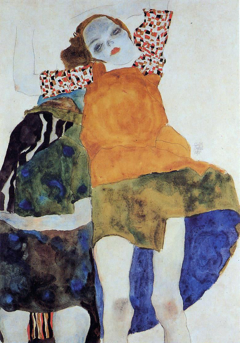 Egon Schiele Two Seated Girls - Canvas Print