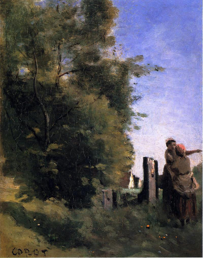Jean-Baptiste-Camille Corot Two Women Talking by a Gate - Canvas Print