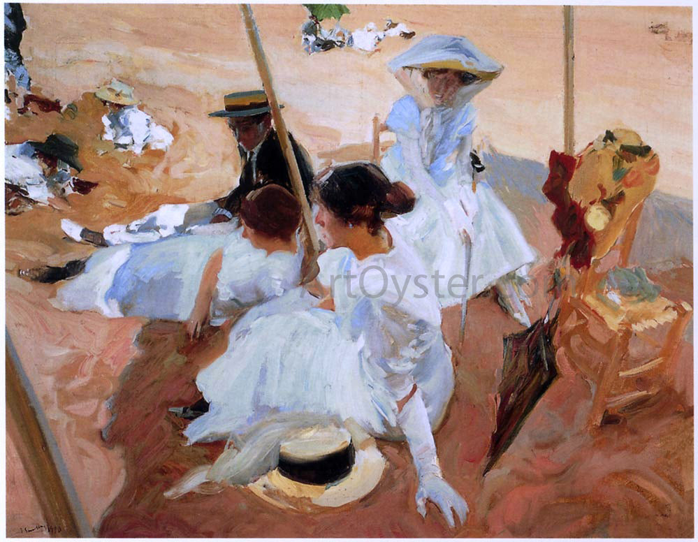 Joaquin Sorolla Y Bastida Under the Awning at Zarauz Beach - Canvas Print
