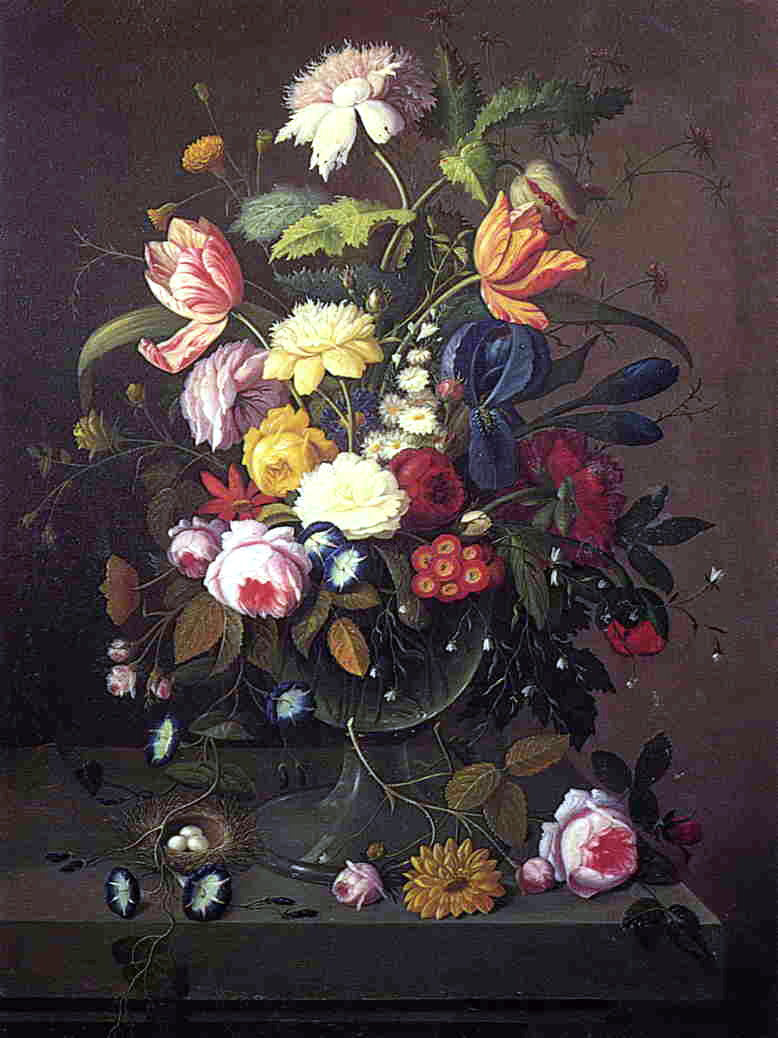 Severin Roesen Vase of Flowers in Footed Glass Bowl with Bird's Nest - Canvas Print
