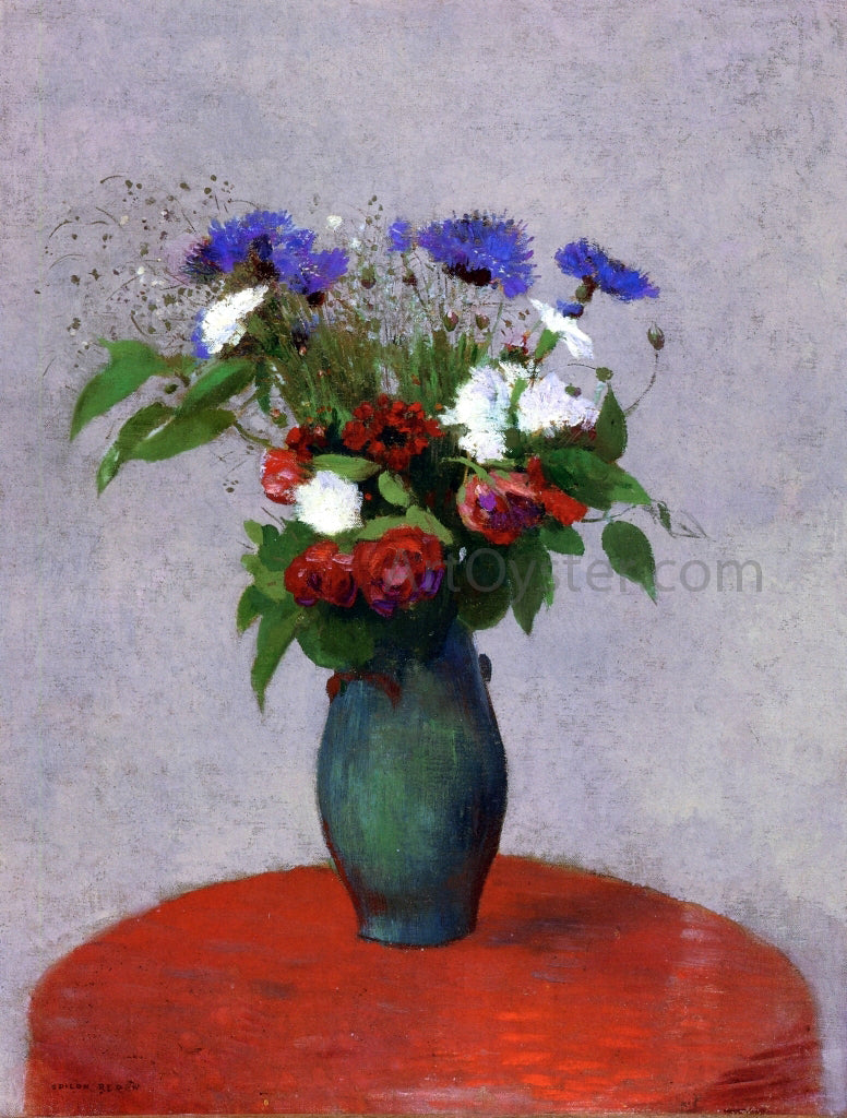 Odilon Redon Vase of Flowers on a Red Tablecloth - Canvas Print