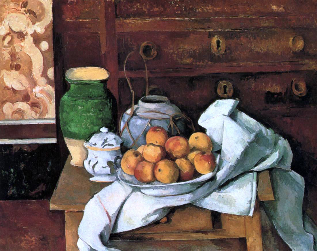 Paul Cezanne Vessels, Fruit and Cloth in front of a Chest - Canvas Print
