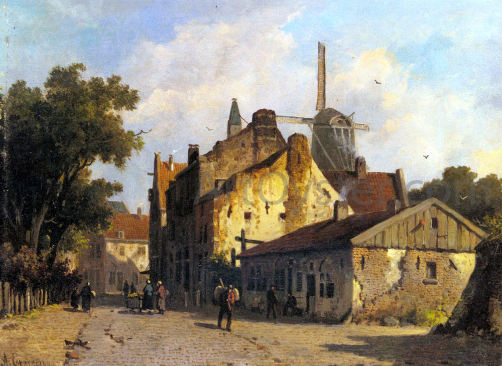 Adrianus Eversen Village Scene With A Windmill - Canvas Print