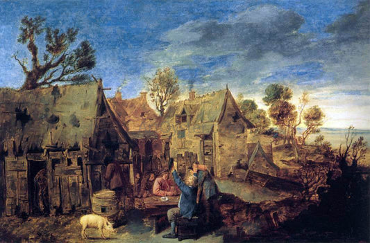 Adriaen Brouwer Village Scene with Men Drinking - Canvas Print