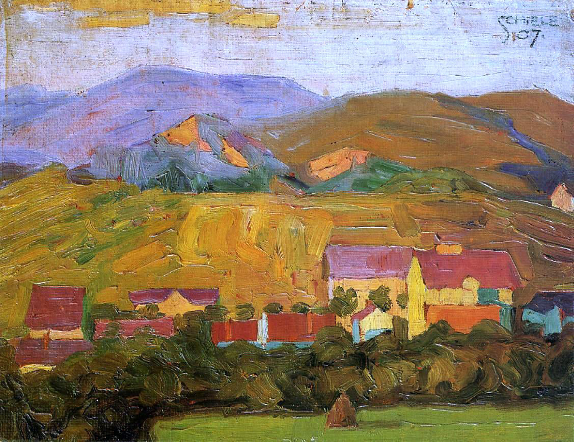 Egon Schiele Village with Mountains - Canvas Print