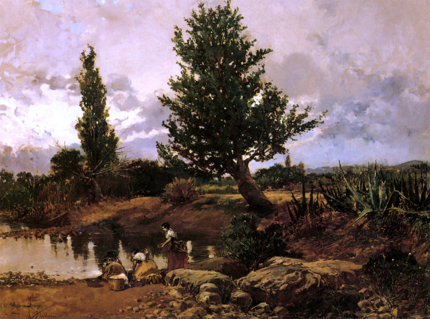 Mariano Barbasan Washerwoman Along A Rivers Edge - Canvas Print