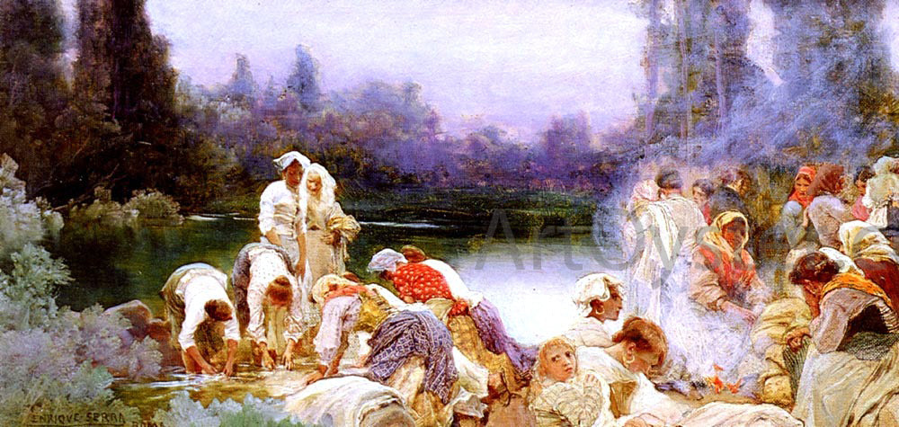 Enrique Serra Y Auque Washerwomen At The River's Edge - Canvas Print