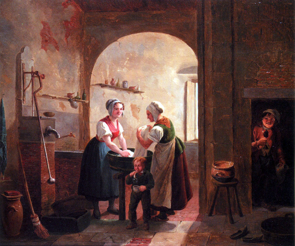 Constantin Fidele Coene Washerwomen In A Sunlit Basement With A Young Boy Blowing Bubbles - Canvas Print