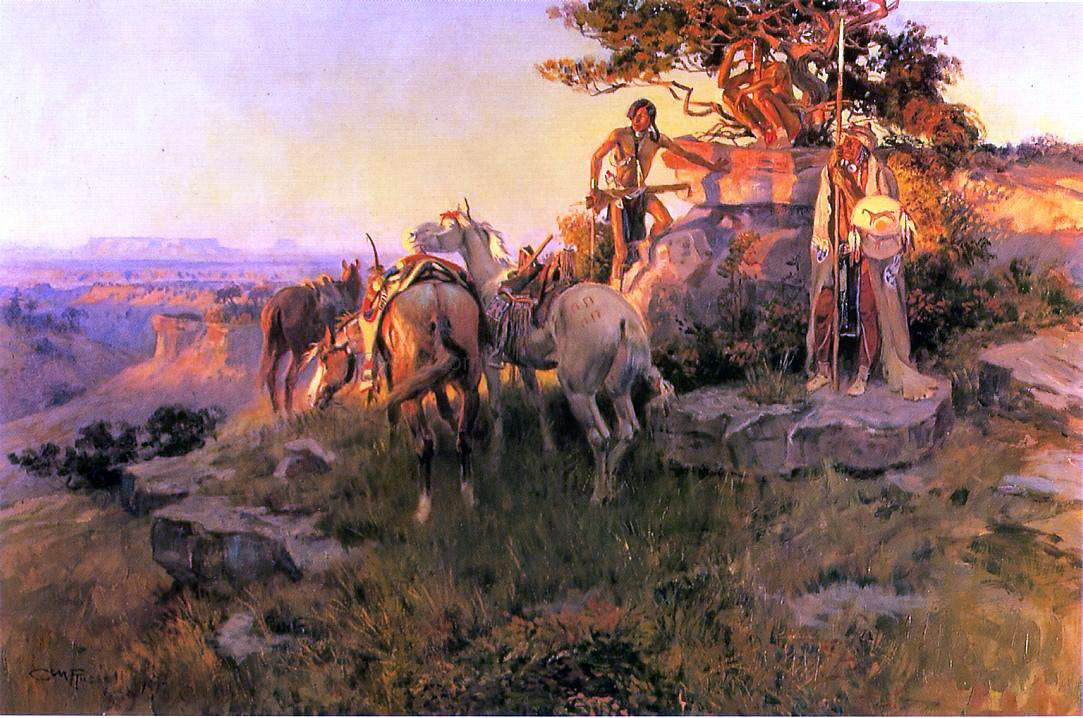 Charles Marion Russell Watching for Wagons - Canvas Print