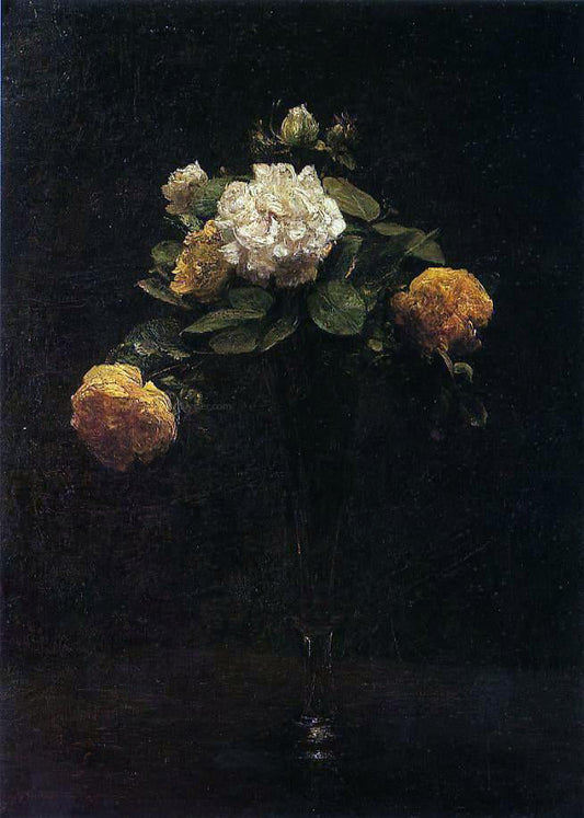 Henri Fantin-Latour White and Yellow Roses in a Tall Vase - Canvas Print