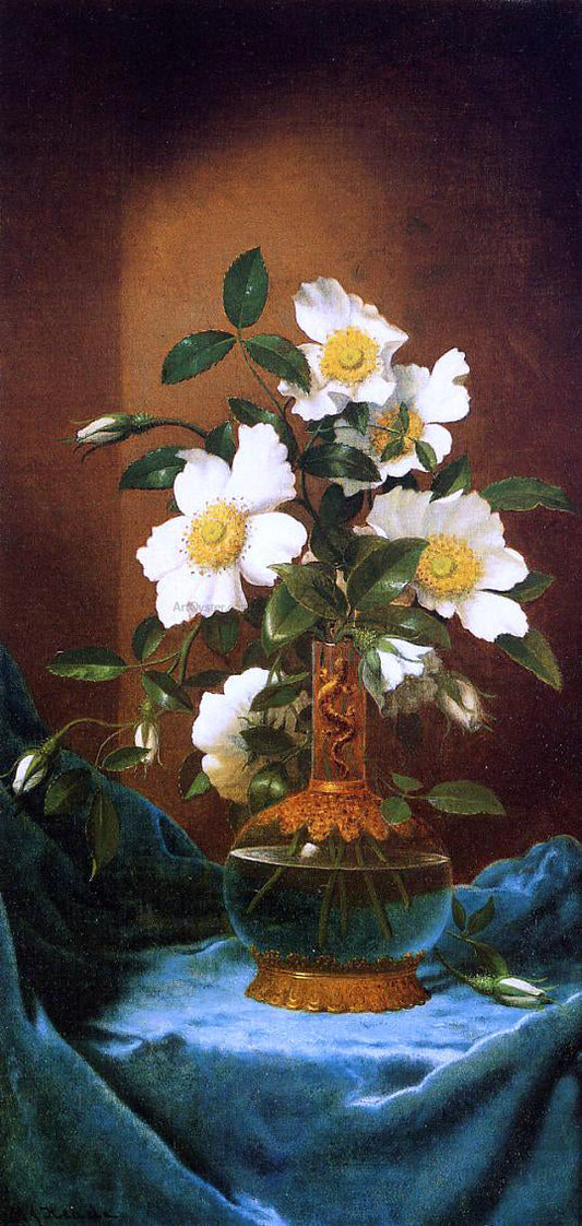 Martin Johnson Heade White Cherokee Roses in a Salamander Vase - Canvas Print