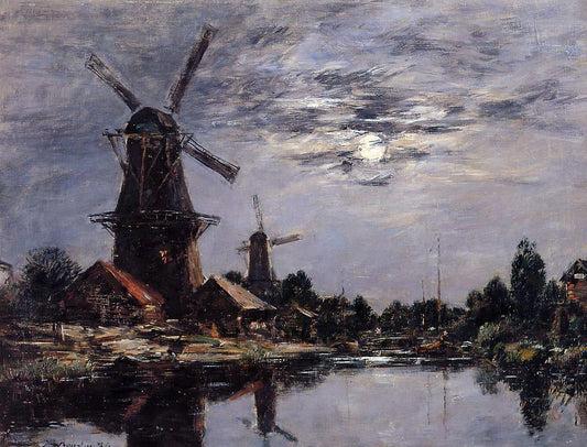 Eugene-Louis Boudin Windmills and Canel near Dordrecht - Canvas Print