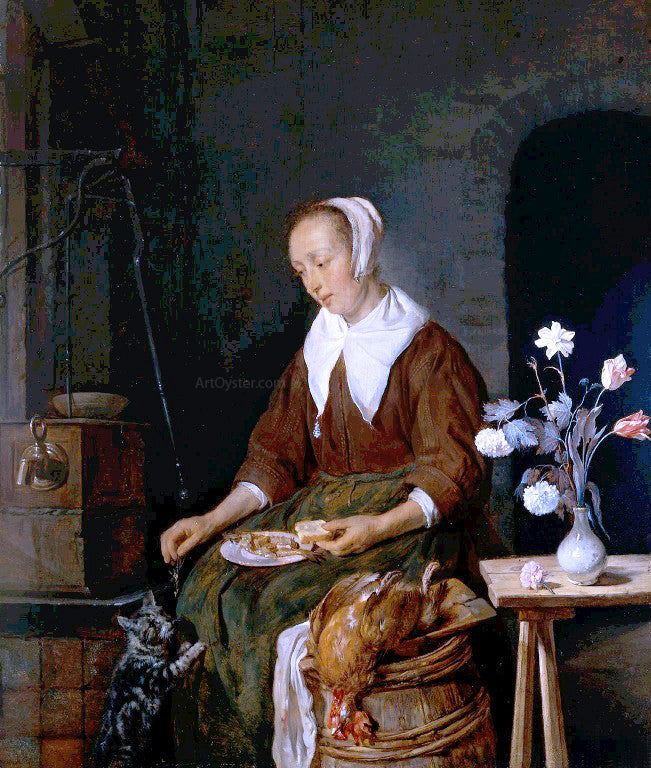 Gabriel Metsu Woman Eating and Feeding her Cat - Canvas Print