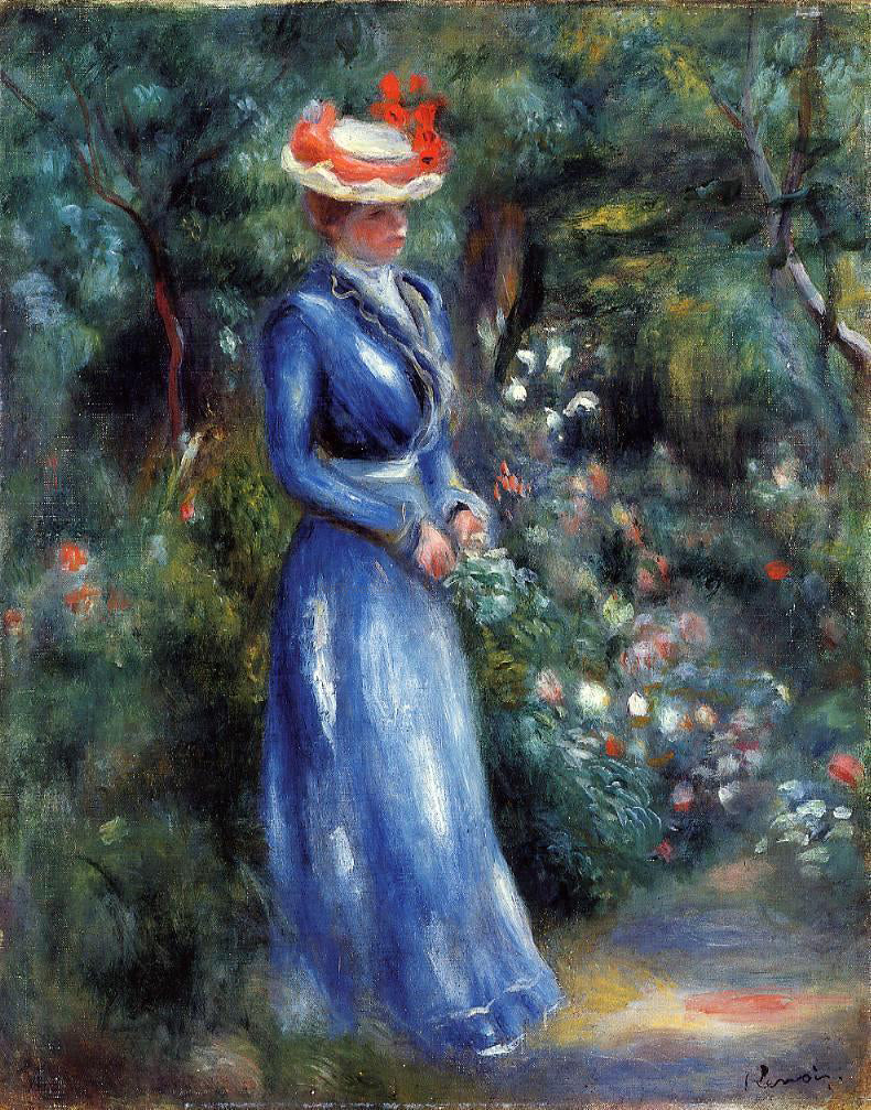 Pierre Auguste Renoir Woman in a Blue Dress, Standing in the Garden of Saint-Cloud - Canvas Print