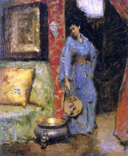 William Merritt Chase Woman in Kimono Holding a Japanese Fan - Canvas Print