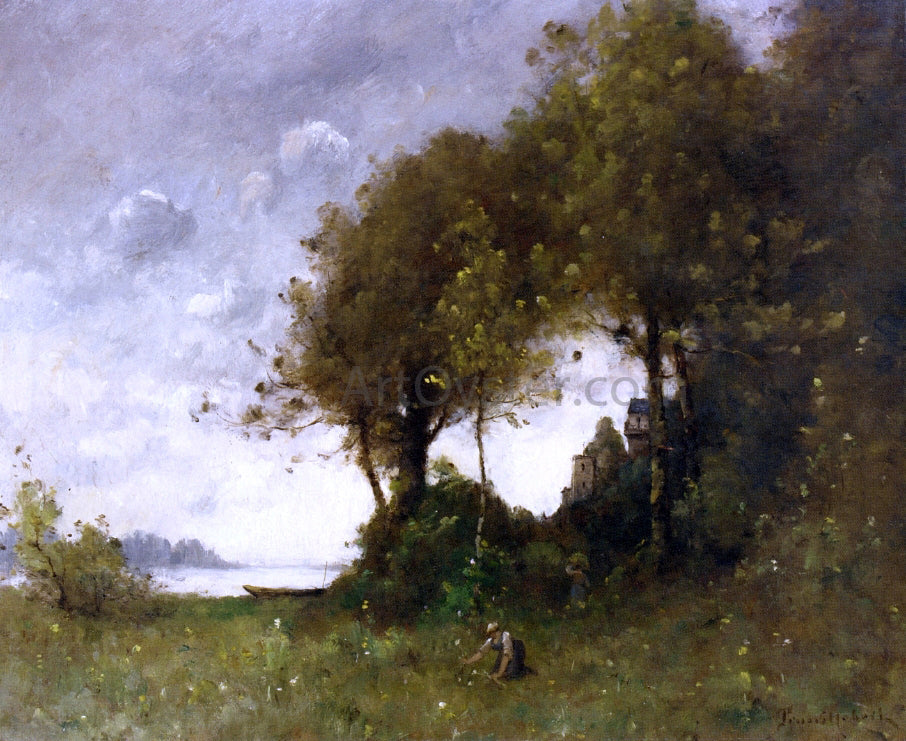 Paul Desire Trouillebert Woman Picking Flowers by the Water - Canvas Print