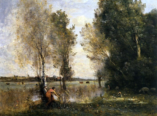 Jean-Baptiste-Camille Corot Woman Picking Flowers in a Pasture - Canvas Print