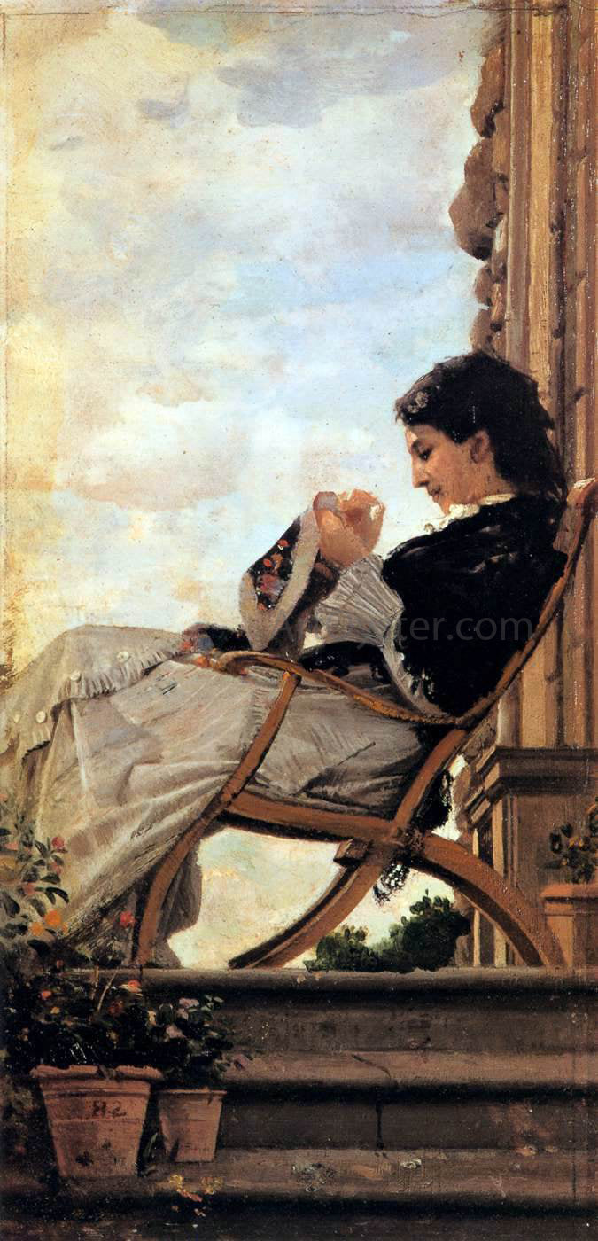 Cristiano Banti Woman Sewing on the Terrace - Canvas Print