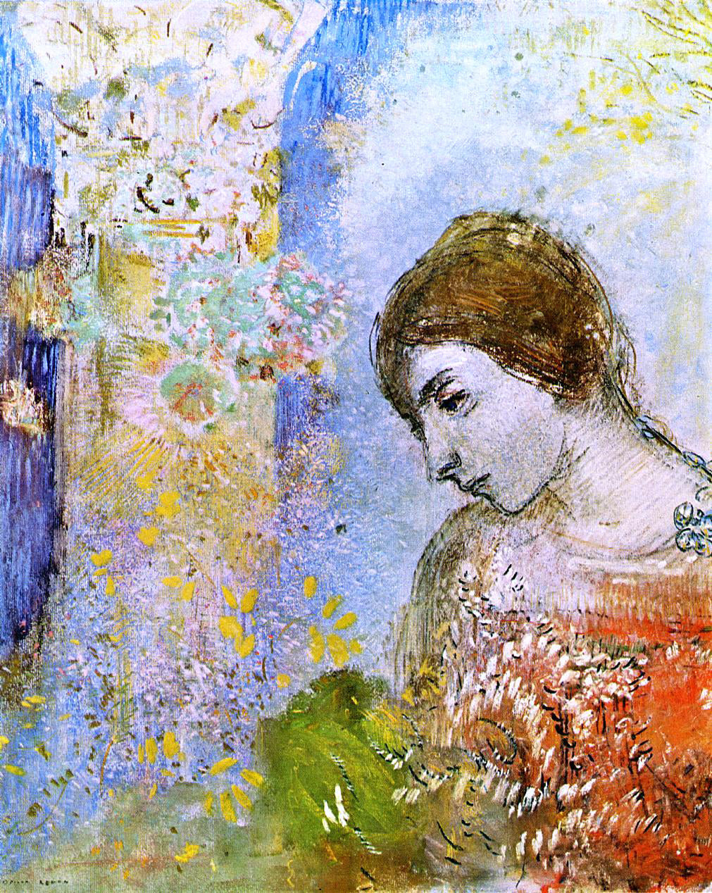 Odilon Redon Woman with Pillar of Flowers - Canvas Print