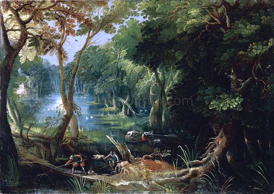 Frederik Van Valkenborch Wooded River Landscape - Canvas Print