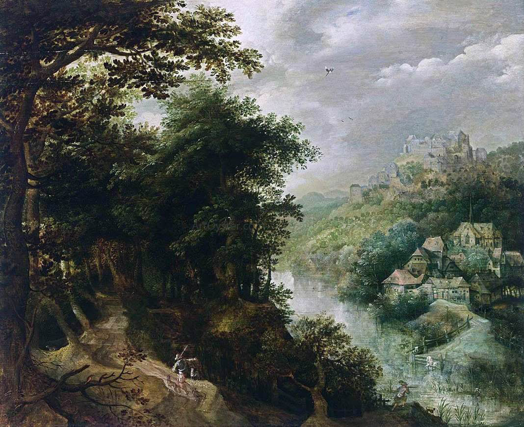 Anthonie Mirou Wooded River Landscape - Canvas Print