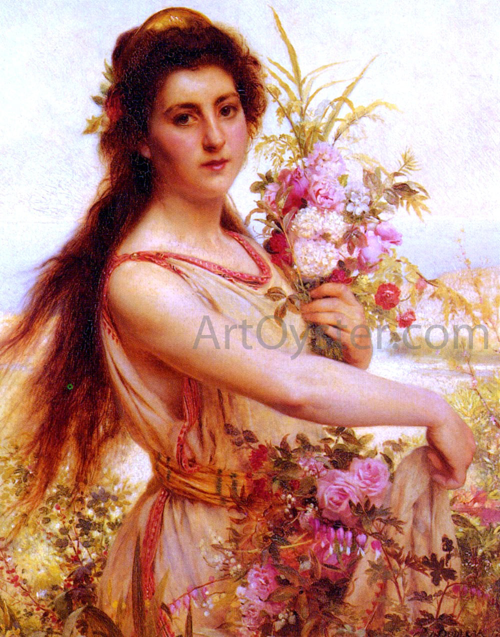 Pierre Jan Van der Ouderaa Young Beauty Gathering Flowers - Canvas Print