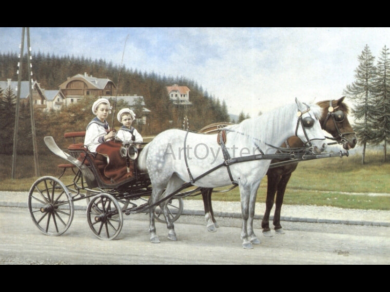 Karl Buchta Young Boys In A Horse-drawn Carriage - Canvas Print