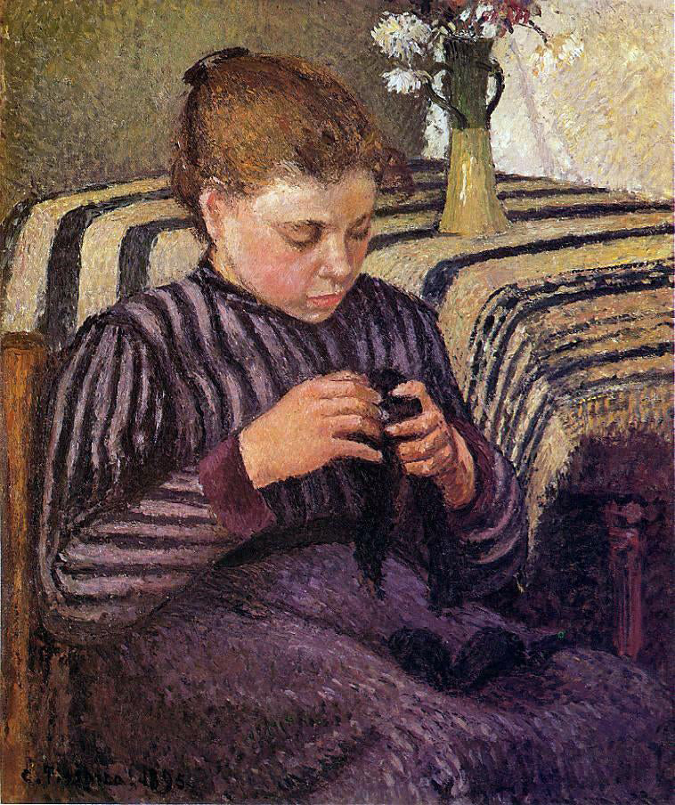 Camille Pissarro Young Girl Mending Her Stockings - Canvas Print